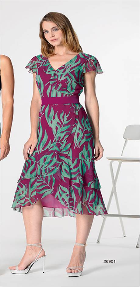 26901V-VEST.CORTO GASA ESTAMPADA VERDE Y BUGANVILLA M/CAIDA VOLANTES CRUZADOS 