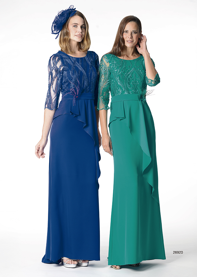 26920-VEST. LARGO M/FRANCESA CON CUERPO TUL BORDADO, FALDA CON CAÍDA Y FLOR