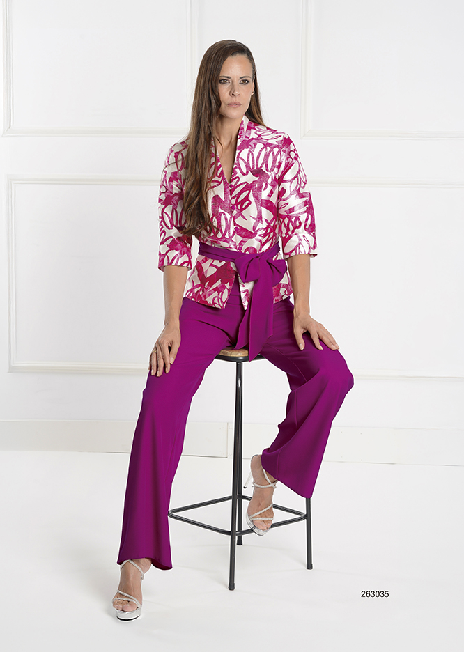 263035 - CONJ.CUEPO M/FRANCESA MIKADO ESTAMPADO CON LUREX  LAZO Y PANTALÓN LISO