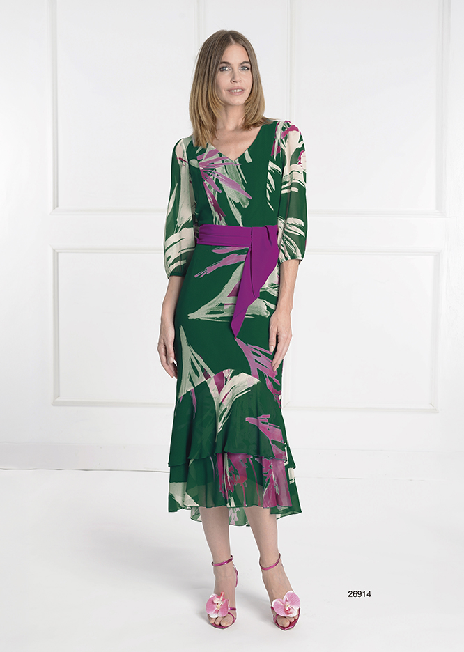 26914-VEST. MIDI ESTAMPADO M/FRANCESA CON VOLANTE EN BAJO Y LAZO A CONTRASTE