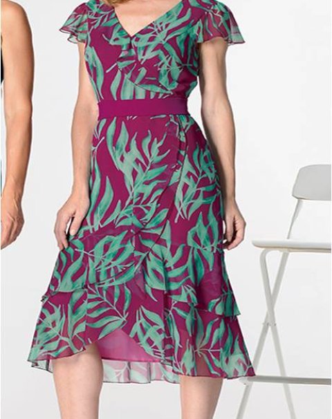 26901V-VEST.CORTO GASA ESTAMPADA VERDE Y BUGANVILLA M/CAIDA VOLANTES CRUZADOS 