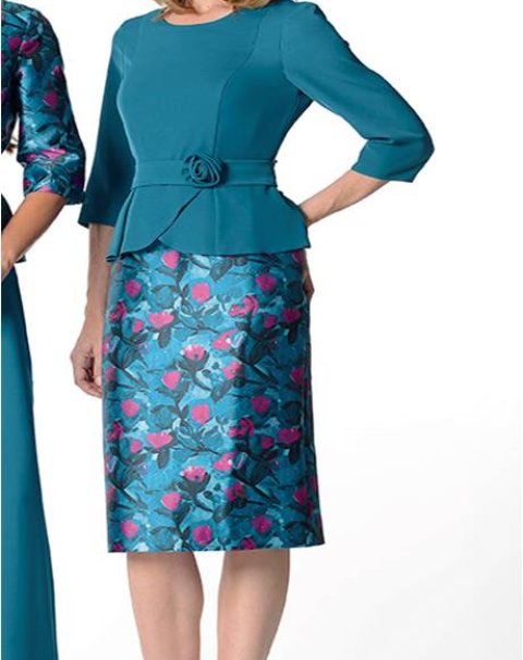 26925-VEST.CORTO CUERPO M/FRANCESA FAJIN CON FLOR ENROSCADA Y FALDA ESTAMPADA MIKADO