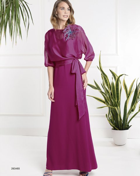 263493-CONJUNTO VESTIDO LARGO TIRANTE Y BLUSÓN M/ FRANCESA DE GASA TORNASOL CON LAZADA Y FLOR