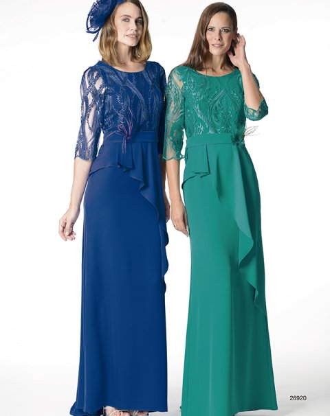 26920-VEST. LARGO M/FRANCESA CON CUERPO TUL BORDADO, FALDA CON CAÍDA Y FLOR