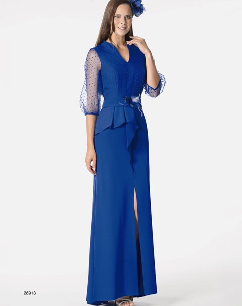 26913-VEST.LARGO M/FRANCESA CON CUERPO PLUMETTI, FALDA CON CAÍDA Y ABERTURA,  ADORNO FLOR