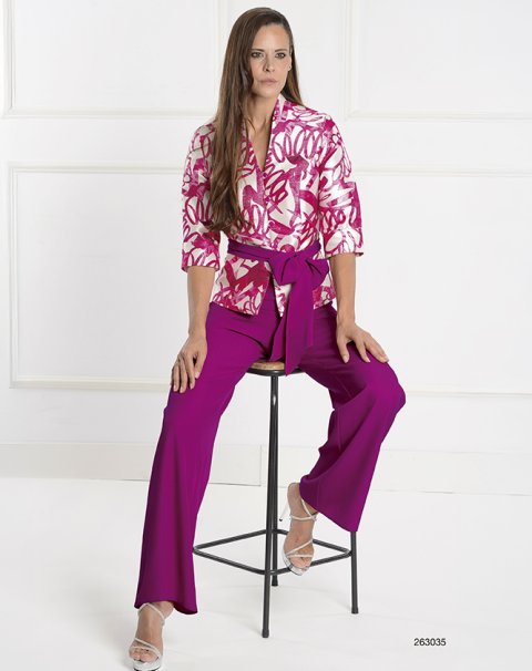 263035 - CONJ.CUEPO M/FRANCESA MIKADO ESTAMPADO CON LUREX  LAZO Y PANTALÓN LISO