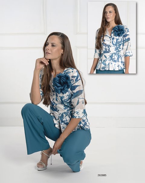 263885-CONJ.CAMISA TEJIDO DEVORÉ CON PEPLUM  Y PANTALÓN TEJIDO LISO
