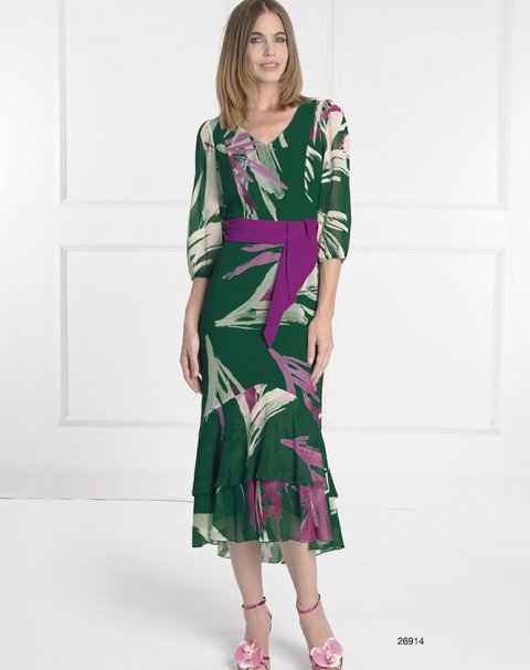 26914-VEST. MIDI ESTAMPADO M/FRANCESA CON VOLANTE EN BAJO Y LAZO A CONTRASTE