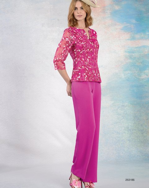 253186 - CONJUNTO CUERPO TUL BORDADO BICOLOR M/FRANCESA CON PANTALÓN LISO